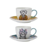 LifetimeBRANDS porcelianinių puodelių su lėkštutėmis rinkinys "Cat and dog", 2 vnt. 240 ml | 1