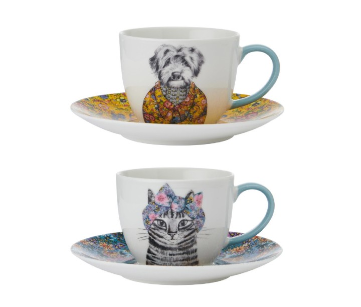 LifetimeBRANDS porcelianinių puodelių su lėkštutėmis rinkinys "Cat and dog", 2 vnt. 240 ml | 1