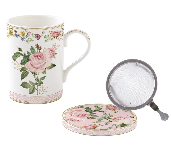 EASY LIFE porcelianinis puodelis su dangteliu ir sieteliu "Chant des Roses", 350 ml  | 1